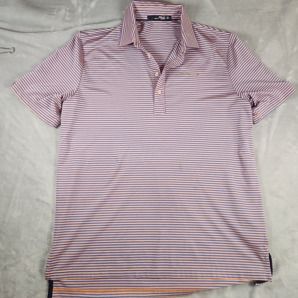 RLX Ralph Lauren Golf Polo Shirt Mens L Pink Blue Striped Performance Preppy